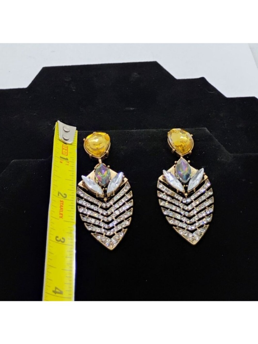 Large Blingy Dangle Drop Earrings AB Rhinestones Yellow Stone Gold Tone - Picture 3 of 5